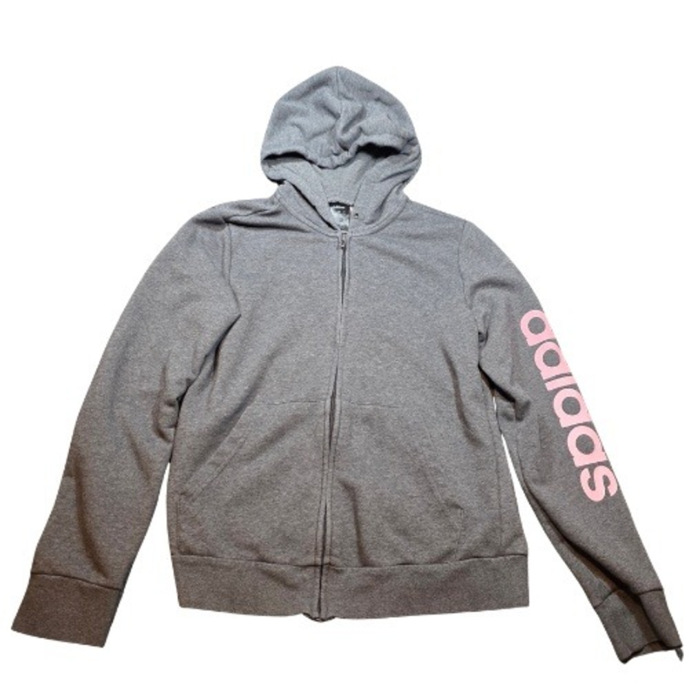 Adidas Girls M 12-14 Full Zip Hoodie Heather Grey Pink Logo Sweatshirt‎
